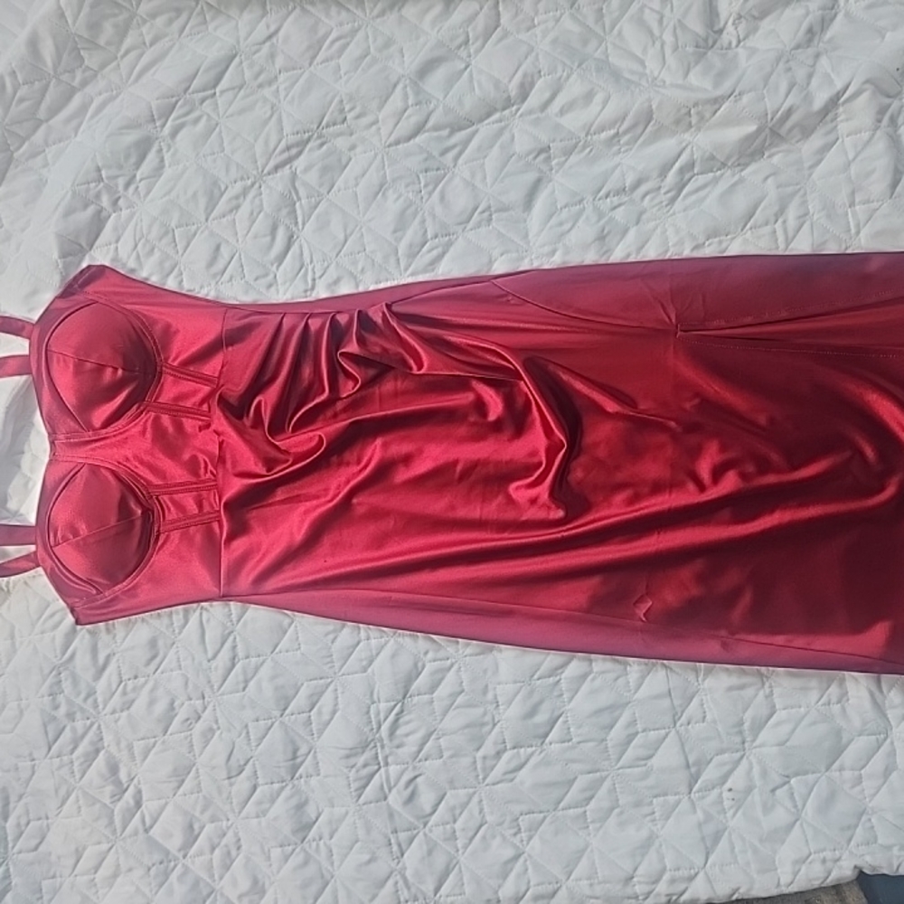 Red Satin Bodycon Slip Dress with Bust Detailing